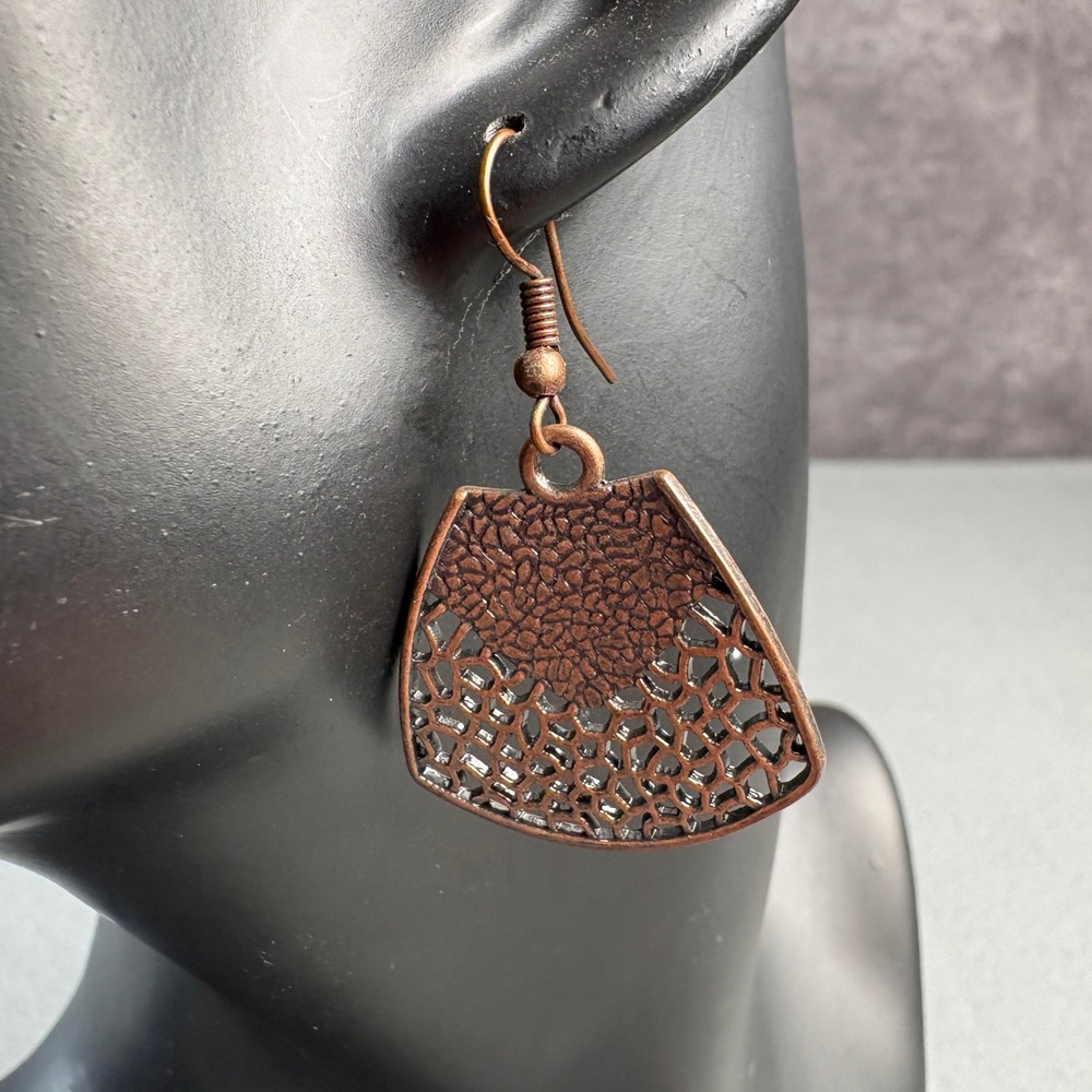 Antique Copper Tone Honeycomb Filigree Fan Drop Earrings Boho Western Dangle